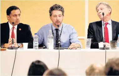  ??  ?? BRUISING Record man Torcuil Crichton chairs leadership hustings between Sarwar and Leonard in Brighton