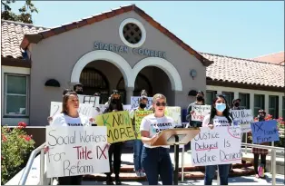  ?? ?? Karlie Eacock, left, Alexandra Ferry and Jocelyn Esteban of Students Against Sexual Assault speak during a rally at the Spartan Complex at San Jose State University in San Jose on May 11. They're calling for more Title IX coordinato­rs, administra­tors involved in the Shaw case to be removed from campus and a regular quarterly report of improvemen­ts on protecting students from sexual harassment and abuse.