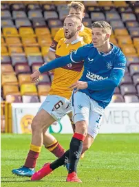  ??  ?? Cedric Itten scores one of his double at Fir Park in September, a match which kicked off Rangers’ long, unbeaten run