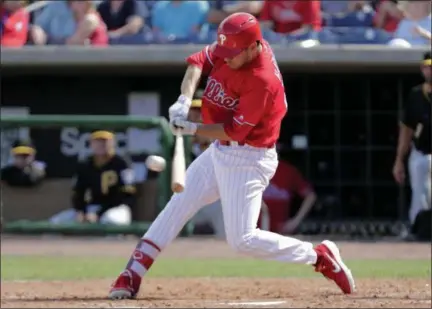  ?? LYNNE SLADKY - AP ?? Philadelph­ia Phillies’ Adam Haseley hits an RBI single in the fourth inning during a spring training baseball game, Friday, March 1, 2019, in Clearwater, Fla.