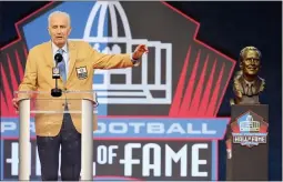  ?? THE ASSOCIATED PRESS ?? FILE - In this Aug. 7, 2021, file photo, Paul Tagliabue, a member of the Pro Football Hall of Fame Centennial Class, speaks during the induction ceremony at the Pro Football Hall of Fame in Canton, Ohio.