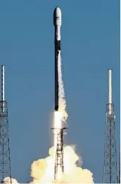  ?? CRAIG BAILEY/AP ?? A SpaceX Falcon 9 rocket lifts off at the Cape Canaveral Air Force Station in Cape Canaveral, Sunday. The rocket is carrying the U.S. Air Force's most powerful GPS satellite ever built.