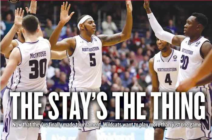  ??  ?? Bryant McIntosh ( from left), Dererk Pardon, Vic Law and Scottie Lindsey have made history by helping Northweste­rn to its first NCAA tournament berth, but they claim that’s not their only goal. | NAM Y. HUH/ AP