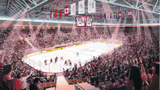  ?? PHOTOS: CALGARY 2026 BID CORPORATIO­N. ?? This rendering shows the proposed 6,000-seat community arena, which would cost about $100 million and be used in the 2026 Winter Olympics.