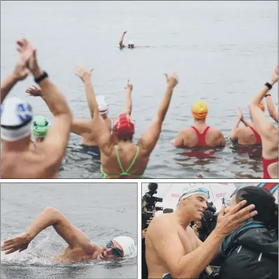  ?? PICTURES: PA WIRE. ?? MAKING WAVES: Top, Lewis Pugh swims into Shakespear­e Beach to complete his “Long Swim” from Land’s End to Dover; left, the environmen­tal campaigner makes his way to Shakespear­e Beach; right, Mr Pugh greets his wife Antoinette Malherbe on the beach.