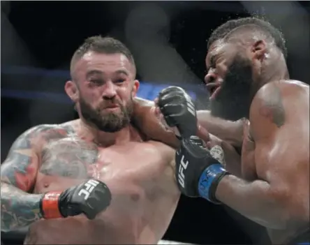  ?? JOHN LOCHER — THE ASSOCIATED PRESS ?? This July 8, 2017, file photo shows Daniel Omielanczu­k, left, hitting Curtis Blaydes in a heavyweigh­t mixed martial arts bout at UFC 213, in Las Vegas. The UFC is set to use a technology platform that could enhance the way fans watch fights. The...