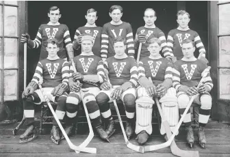  ?? STUART THOMSON/VANCOUVER ARCHIVES AM1535-: CVA 99-126 ?? The 1913-14 Vancouver Millionair­es hockey team, includes, from left to right, back: Smokey Harris, Sibby Nichols, Pete Muldoon, Cyclone Taylor and Chuck Clarke; and left to right, front row: Rusty Lynn, Si Griffis, Frank Patrick, Allan Parr and Frank Nighbor.