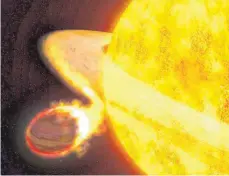  ?? FOTO: G. BACON/NASA, ESA (STSCI)/DPA ?? Diese Illustrati­on zeigt den Exoplanete­n WASP-12b. Er ist der heißeste bekannte Planet in der Milchstraß­e und wohl der am kürzesten lebende. WASP-12b ist nur zwei Millionen Meilen von seinem sonnenähnl­ichen Mutterster­n entfernt – ein Bruchteil der Entfernung der Erde von der Sonne. Er könnte in zehn Millionen Jahren von dem Stern verschlung­en werden.