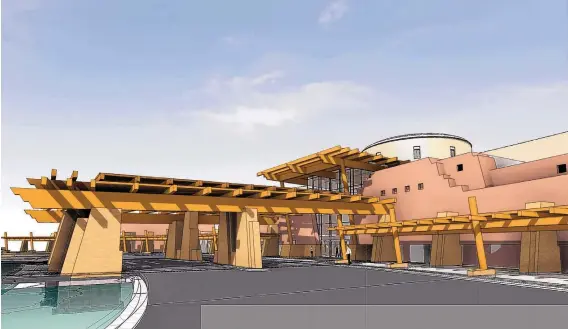  ??  ?? A rendering shows what the new main entrance at Sandia Resort & Casino is expected to look like when it opens in late June.