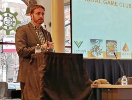  ?? PHOTO PROVIDED BY THE CENTER FOR ECONOMIC GROWTH ?? Andrew Kennedy, president and CEO of Center for Economic Growth, speaks at the Tech Valley Center of Gravity’s The Business of Digital Games, a conference held Wednesday in Troy.