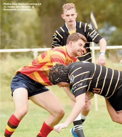  ?? ?? Photos from Marlow's narrow 1311 victory over Bicester at Riverwoods on Saturday.