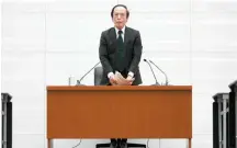  ?? EPA-Yonhap ?? Bank of Japan Governor Kazuo Ueda stands at the end of a press conference at BOJ headquarte­rs in Tokyo, Tuesday.