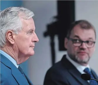  ?? MARTTI KAINULAINE­N THE ASSOCIATED PRESS ?? EU chief Brexit negotiator Michel Barnier, left, takes part in a joint press conference with Finnish Prime Minister Juha Sipila at the Prime Minister's official residence Kes'ranta in Helsinki, Finland.