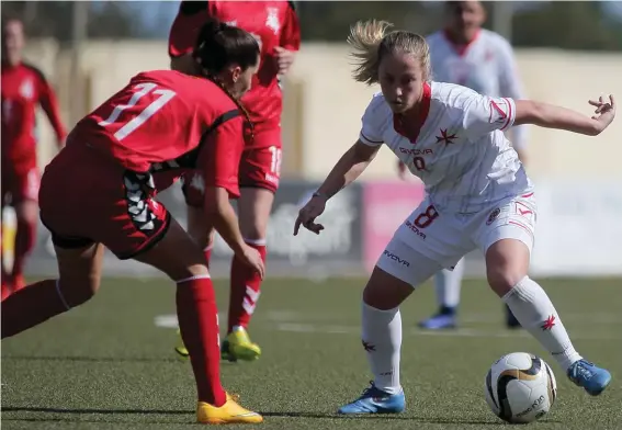  ??  ?? Rachel Cuschieri in recent Malta action against Lithuania earlier this year. Photos - Domenic Aquilina