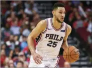  ?? ERIC CHRISTIAN SMITH — THE ASSOCIATED PRESS ?? Philadelph­ia 76ers guard Ben Simmons dribbles upcourt during the second half of an NBA basketball game against the Houston Rockets Monday in Houston.