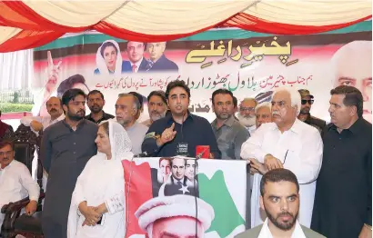  ?? — AP ?? PPP chairman Bilawal Bhutto addresses his supporters during his election campaign in Peshawar on Saturday.