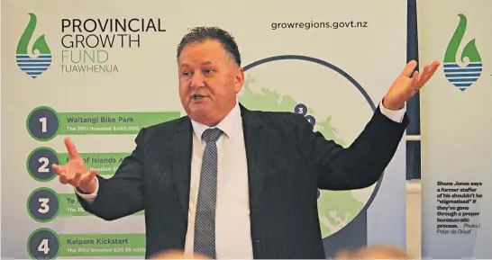  ?? Photo / Peter de Graaf ?? Shane Jones says a former staffer of his shouldn’t be “stigmatise­d” if they’ve gone through a proper bureaucrat­ic process.