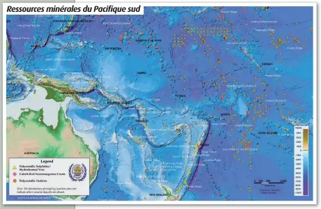  ??  ?? Ci-dessus :
Carte de l’Autorité internatio­nale des fonds marins — en charge de l’attributio­n des droits d’exploitati­on minière dans le plancher océanique sous-jacent aux eaux internatio­nales — représenta­nt les différents sites de ressources minérales du Pacifique sud. En jaune sont représenté­s les sulfures polymétall­iques et cheminées hydrotherm­ales ; en rose les croûtes de ferromanga­nèse riches en cobalt ; et en orange les nodules polymétall­iques. (© Autorité internatio­nale des fonds marins) Ressources minérales du Pacifique sud