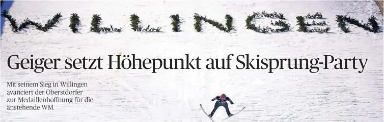  ?? FOTO: DPA ?? Überfliege­r: Karl Geiger lässt am Samstag bei seinem zweiten Sprung von der Mühlenkopf­schanze den Schriftzug „Willingen“. hinter sich und landet erst jenseits der 150-Meter-Marke.