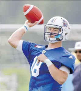  ?? JOHN MAHONEY ?? Matthew Shiltz will be one of three quarterbac­ks dressed for the Alouettes on Thursday, and likely won’t see action until the fourth quarter.