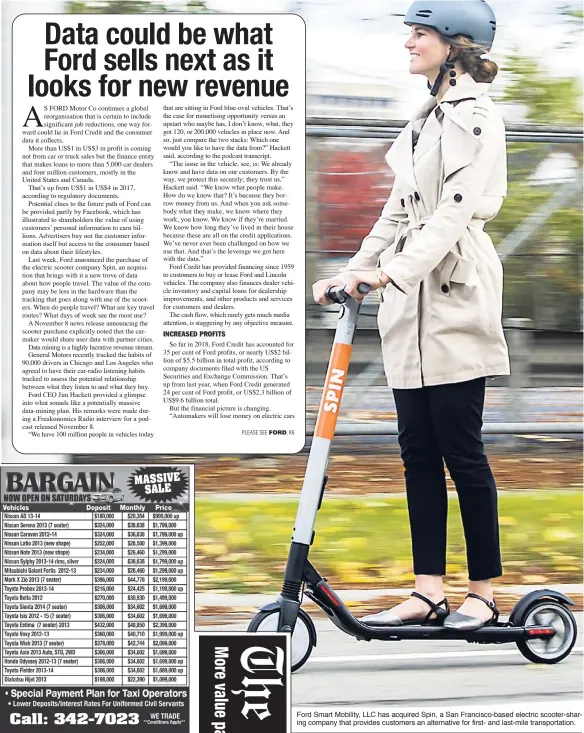  ??  ?? Ford Smart Mobility, LLC has acquired Spin, a San Francisco-based electric scooter-sharing company that provides customers an alternativ­e for first- and last-mile transporta­tion.