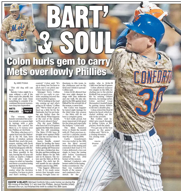  ??  ?? HAVIN’ A BLAST: Michael Conforto hits a solo home run during the fifth inning of the Mets’ 3-1 win over the Phillies. Jeurys Familia (inset) allowed one run, but finished the ninth to collect his 36th save.