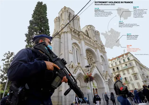  ?? AFP ?? Police officers stand guard by the Notre-Dame de l’Assomption Basilica in Nice after a knife-wielding man killed three people at the church. Two women, below, react to the attack.