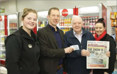  ??  ?? In Dillon’s Fethard On Sea were Sinead Rowe, David Looby, New Ross Standard; Tom Neville, Fethard, winner €20 and Emily Gleeson, manager.