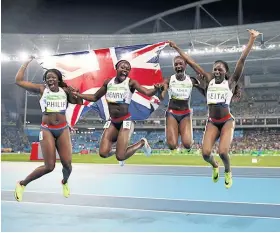  ??  ?? Jumping for joy: Asha Philip, Desiree Henry, Dina Asher-smith and Daryll Neita celebrate Britain’s first medal in the 4x100m for 32 years at the Rio Olympics