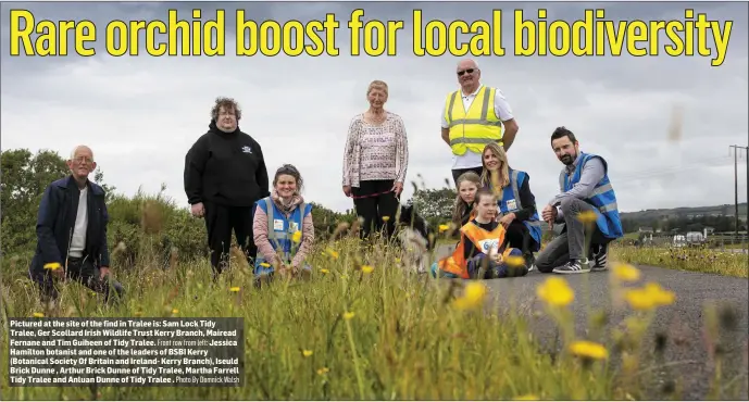  ?? Front row from left: Photo By Domnick Walsh ?? Pictured at the site of the find in Tralee is: Sam Lock Tidy Tralee, Ger Scollard Irish Wildlife Trust Kerry Branch, Mairead Fernane and Tim Guiheen of Tidy Tralee. Jessica Hamilton botanist and one of the leaders of BSBI Kerry (Botanical Society Of Britain and Ireland- Kerry Branch), Iseuld Brick Dunne , Arthur Brick Dunne of Tidy Tralee, Martha Farrell Tidy Tralee and Anluan Dunne of Tidy Tralee .