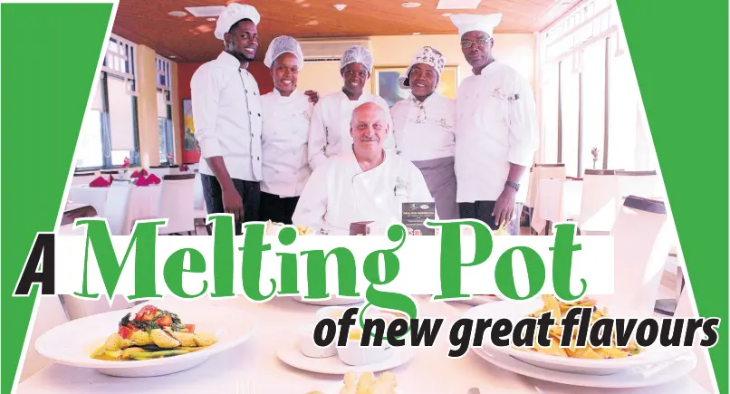  ?? CONTRIBUTE­D PHOTOS ?? Executive Chef Mark Dekrines (seated) and his culinary team (from left) Garvin Benjamin, Latoya Whitter, Berbett Bell, Latoya Francis and Delroy Williams, are excited about Melting Pot Restaurant and Lounge’s new menu.