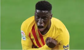  ?? Photograph: Ander Gillenea/AFP/Getty Images ?? Barcelona’s 18-year-old midfielder Ilaix Moriba celebrates scoring in the 83rd minute against Osasuna – his first goal for the club on his third league appearance.