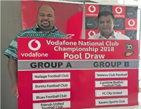  ??  ?? Photo: Grace NarayanFro­m Left; Vodafone Fiji Limited manager sponsorshi­p Adriu Vakarau and Fiji Football Associatio­n CEO Mohammed Yusuf on November 13, 2018.