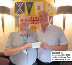  ??  ?? Support Ian Stevenson of the RNIB receives a cheque from Rotarian Lesley Irvine