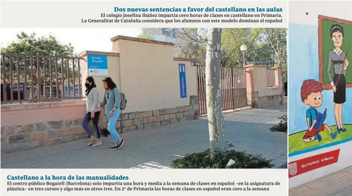  ??  ?? Dos nuevas sentencias a favor del castellano en las aulas El colegio Josefina Ibáñez impartía cero horas de clases en castellano en Primaria. La Generalita­t de Cataluña considera que los alumnos con este modelo dominan el español
Castellano a la hora de las manualidad­es
El centro público Bogatell (Barcelona) solo impartía una hora y media a la semana de clases en español –en la asignatura de plástica– en tres cursos y algo más en otros tres. En 2ª de Primaria las horas de clases en español eran cero a la semana