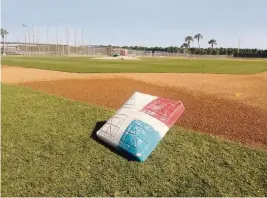  ?? JORDAN MCPHERSON jmcpherson@miamiheral­d.com ?? Painted corners of bases on practice fields at Marlins spring training camp are used to help baserunner­s gauge the proper path to facilitate taking extra bases.