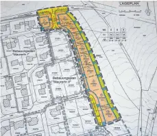 ?? FOTO: GEMEINDE UNTERSCHNE­IDHEIM ?? Der orange markierte Bereich zeigt das geplante Neubaugebi­et Maurerin III, links davon liegt Maurerin II.