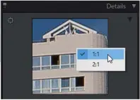  ??  ?? Einblick: In den „Details“zeigt Lightroom einen kleinen Bildaussch­nitt 1:1.