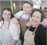  ?? PIERRE OBENDRAUF ?? Le Butterblum­e’s co-owner Nadine Boudreau, left, and Julie Romano with chef Jens Ruoff operate the 40-seat restaurant on St-Laurent Blvd.