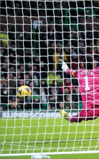  ?? ?? Kyogo Furuhashi fires the ball past the helpless Craig Gordon in the Hearts goal