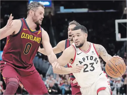  ?? ASSOCIATED PRESS FILE PHOTO ?? Toronto Raptors' Fred VanVleet drives against Cleveland Cavaliers' Kevin Love during an NBA basketball game Wednesday night.