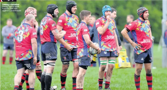  ??  ?? Taking a breather Paisley had to work hard for their win against Cumbrtnaul­d