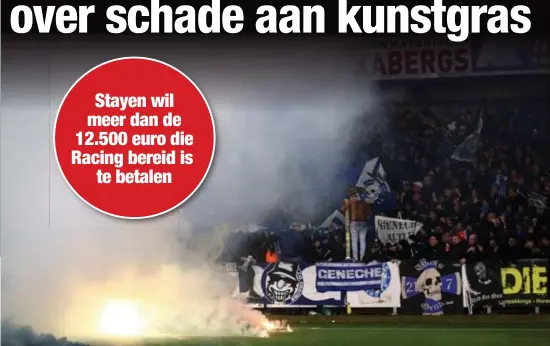  ?? FOTO JEFFREY GAENS ?? Tijdens de derby op 18 januari beschadigd­en Genk-fans met vuurpijlen het Truiense kunstgras.