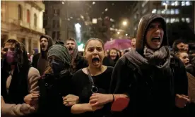  ?? Kostas Tsironis/EPA ?? Protesters in Athens on Thursday after the deadly train crash in central Greece. Photograph: