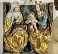  ?? ?? Le immagini
Il Museo Diocesano Tridentino ospita Anna, la madre di Maria. Culto e iconografi­a nel Tirolo storico, fino al 10 dicembre. Tra le opere esposte a Trento (dall’alto, a sinistra, in senso orario): Sant’Anna Metterza e Dio Padre, 1500, Scultore della Val Pusteria, chiesa di Sankt Andrä, Lienz; Sant’Anna Metterza, 1517, Bottega di Jörg Arzt, Museo Diocesano Tridentino;
Paul Zwinger, Sacra parentela, post 1498, Museo Diocesano Hofburg, Bressanone;
Sacra parentela, pittore germano-fiammingo, 1500 circa, Museo Civico di Bolzano