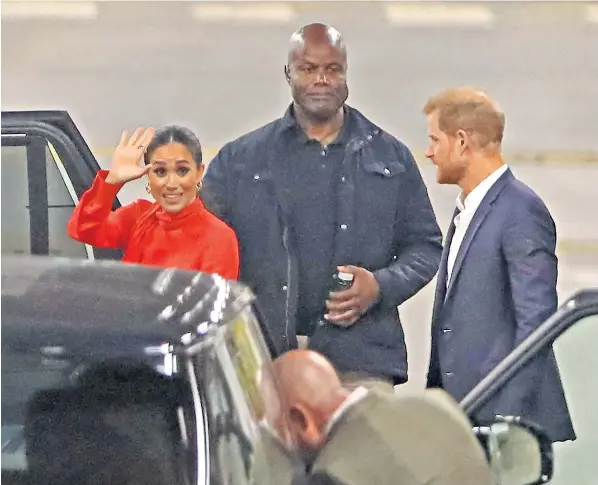  ?? ?? Pere Daobry was pictured with the Duke and Duchess of Sussex as they arrived at London Euston station after their trip to Manchester for the One Young World conference, where gender equality was high on the agenda