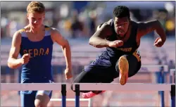  ?? KARL MONDON — STAFF PHOTOGRAPH­ER ?? Miles Roberts of Leland wins the 100-meter hurdles in 14.17at the Central Coast Section track and field championsh­ips on May 20in Gilroy.