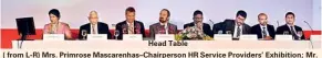  ??  ?? Head Table ( from L-R) Mrs. Primrose Mascarenha­s–Chairperso­n HR Service Providers’ Exhibition; Mr. U.A.C. Obeyeseker­e– Chairman Technical Sessions IHRC 2012; Mr. Greg Young - Chief Executive Officer, SLT; Mr. Horacio Eduardo Quiros – President of World...