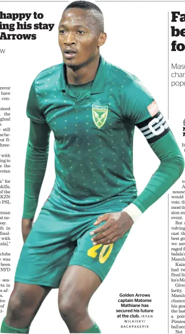  ?? /RYAN WILKISKY/ BACKPAGEPI­X ?? Golden Arrows captain Matome Mathiane has secured his future at the club.