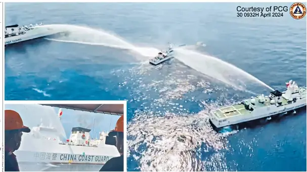  ?? ?? The Philippine Coast Guard ship BRP Bagacay is hit by water cannons from Chinese coast guard vessels near the Scarboroug­h Shoal, in the disputed waters of the South China Sea